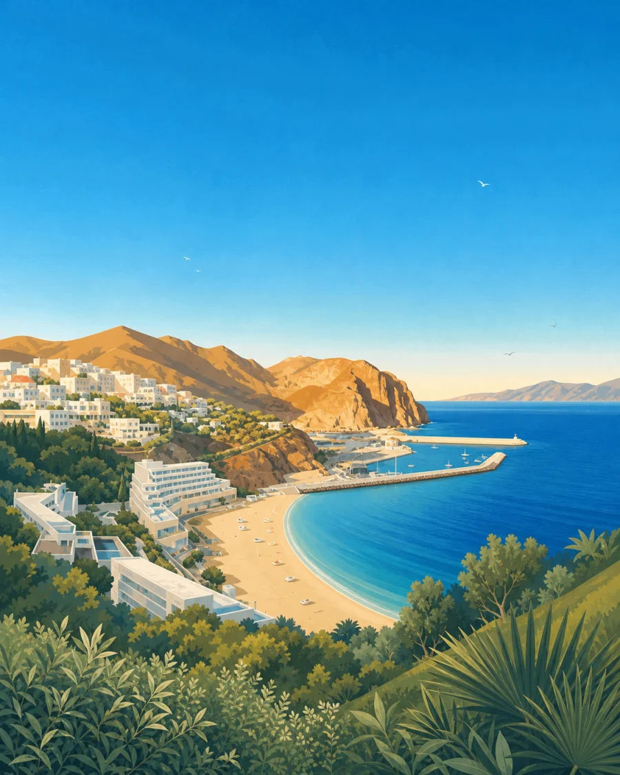 The bay of Al Hoceima — Quemado beach, the marina and the Rif mountains